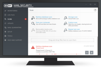 Screenshot of ESET Mail Security for Microsoft Exchange displaying the results of a database scan, indicating detected malware Screenshot of ESET Mail Security for Microsoft Exchange displaying the results of a database scan, indicating detected malware